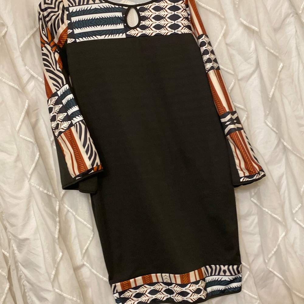 Slender fit ethnic print/ black dress